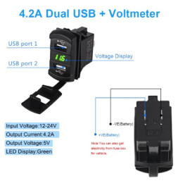 Dual USB Car Charger Rocker Switch with LED Digital Voltmeter 